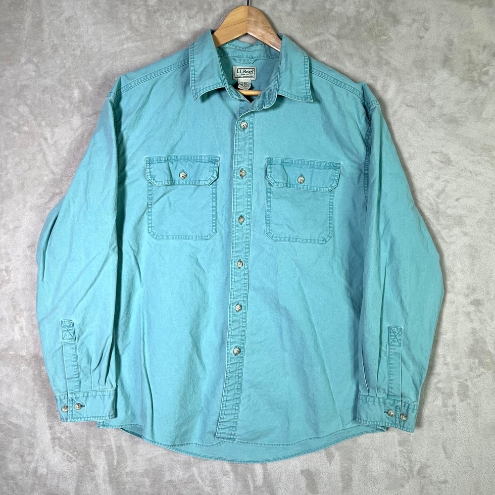 LL Bean Sunwashed Canvas Shirt Mens Large Blue Teal Traditional Fit Work Button
